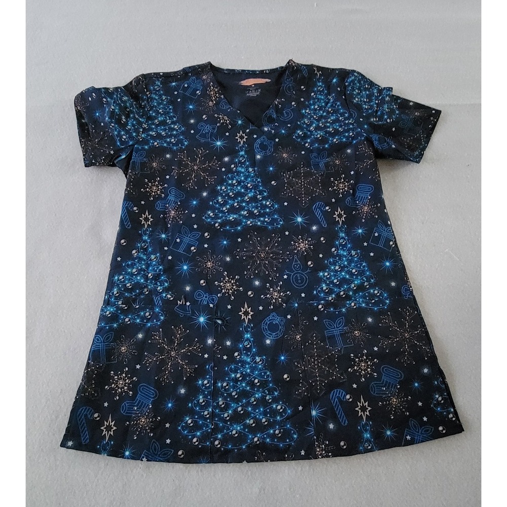 Elite Med Performance Christmas Print Navy‎ Blue Scrub Top Size M(2)